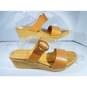 Mariella Wedge Made in Italy Tan Leather Open Toe Buckle Slide Sandals Women's 9